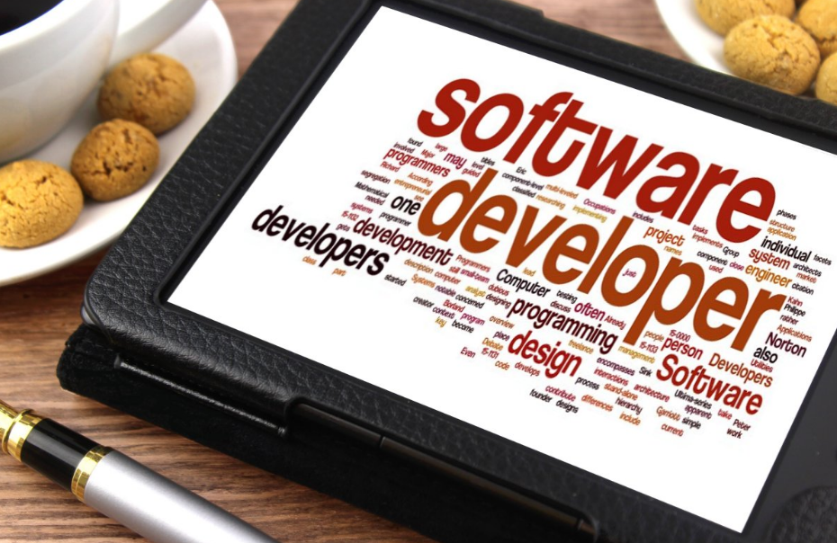 a tablet with a software engineering tag cloud on the table