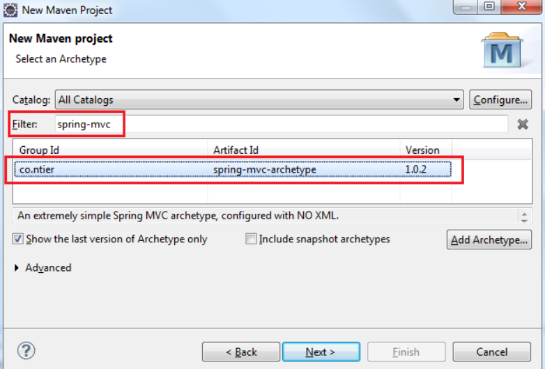 a window for creating Spring MVC Project using Maven