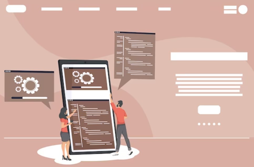 a couple web developers with a huge tablet, stripes, and gears: vector art